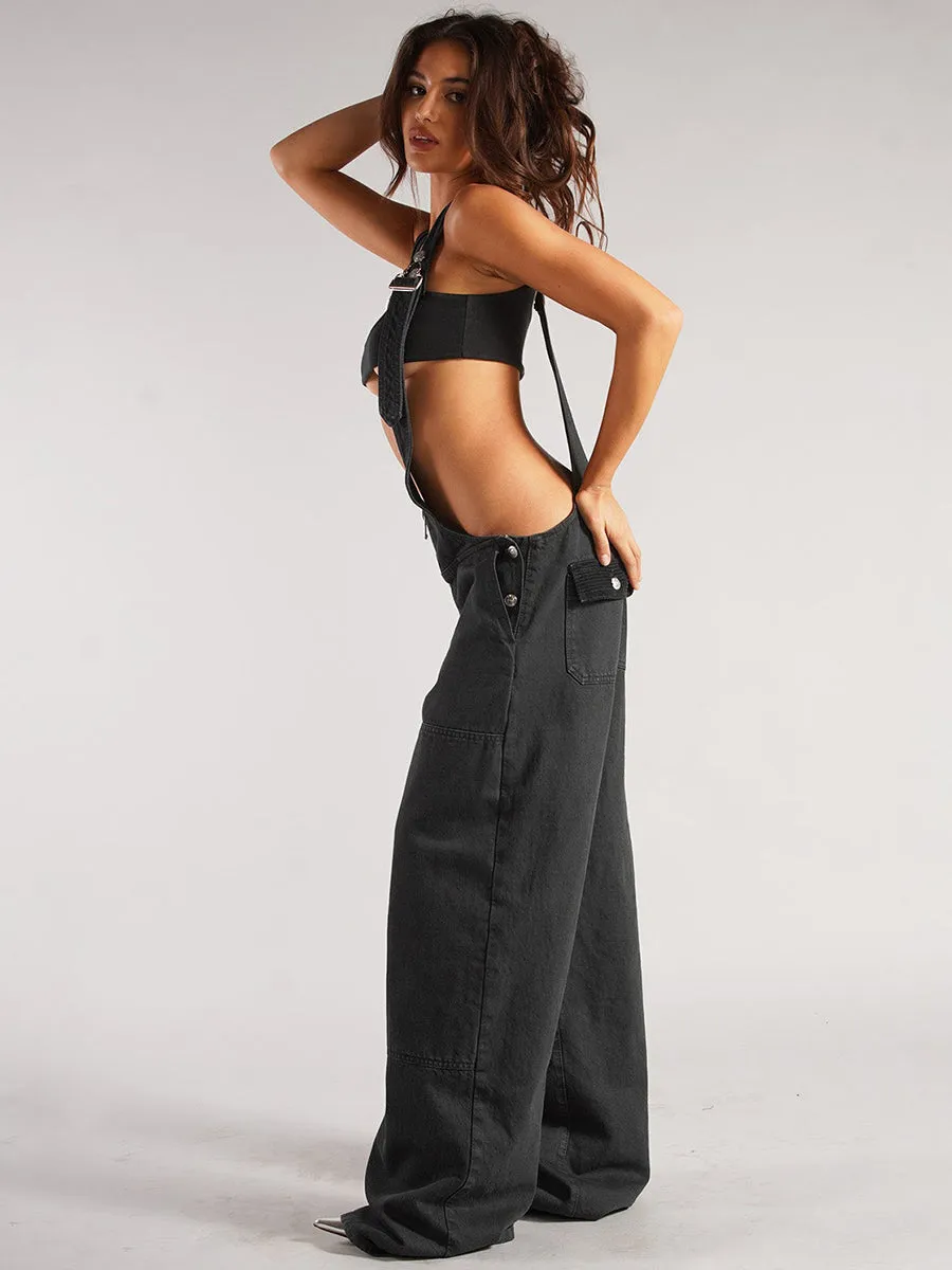 Wide-leg zippered denim overalls