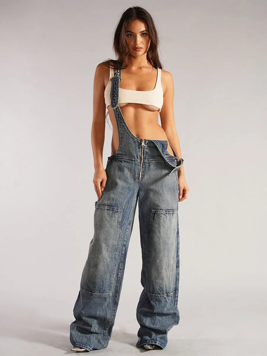 Wide-leg zippered denim overalls