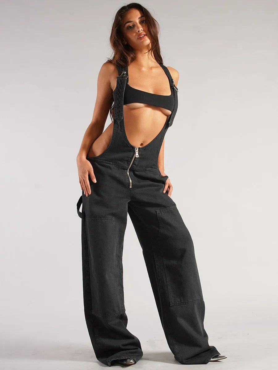 Wide-leg zippered denim overalls