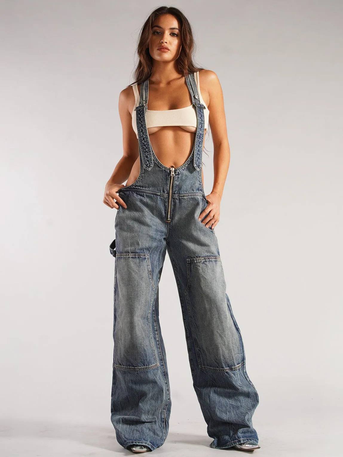 Wide-leg zippered denim overalls