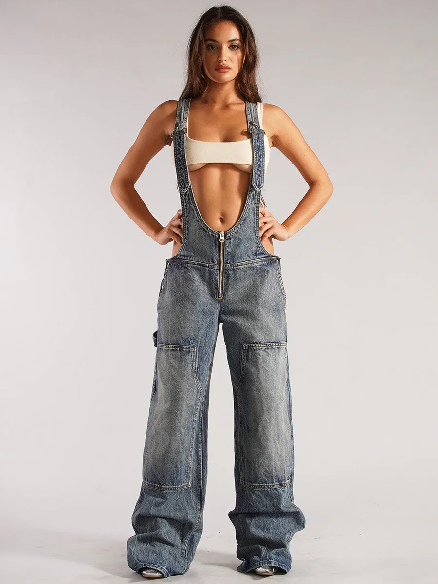 Wide-leg zippered denim overalls