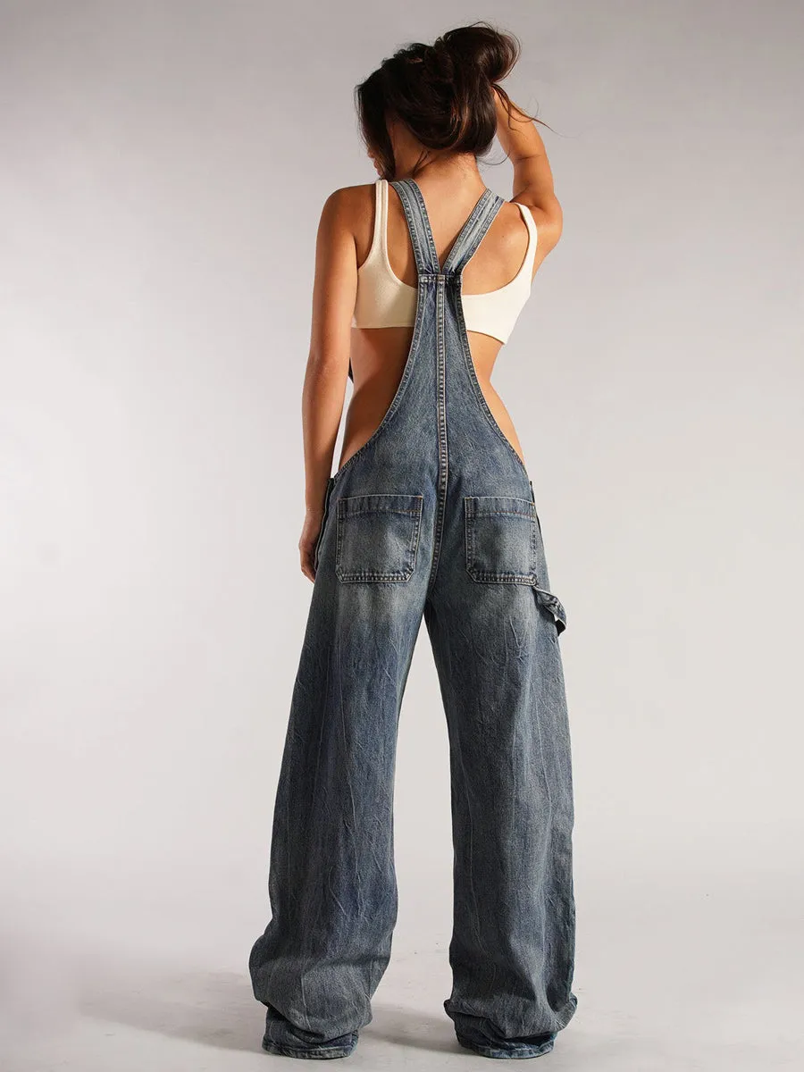 Wide-leg zippered denim overalls