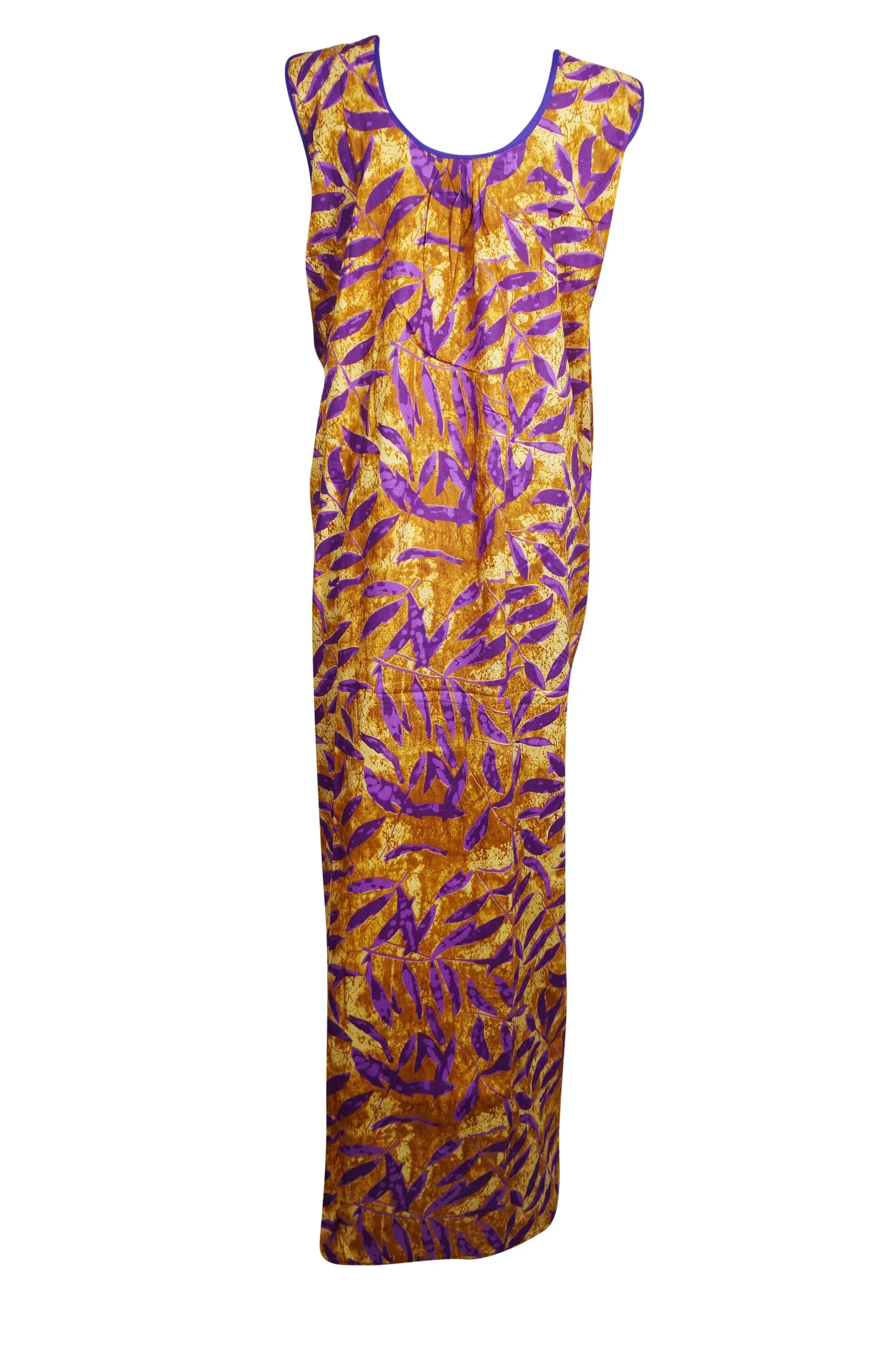 Womans Nightgown Caftan Dress, Sleeveless, Lounger, Purple Yellow Cotton Nighty L