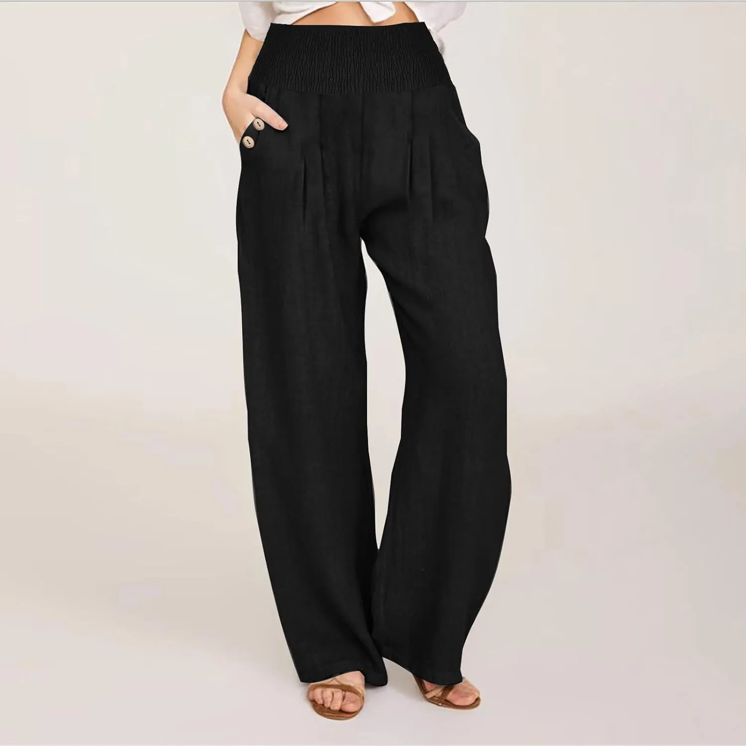 Women Dressy Casual Linen Pants 2025 Elastic Waist Drawstring Pocket Trousers Loose Straight Wide Leg Palazzo Pants