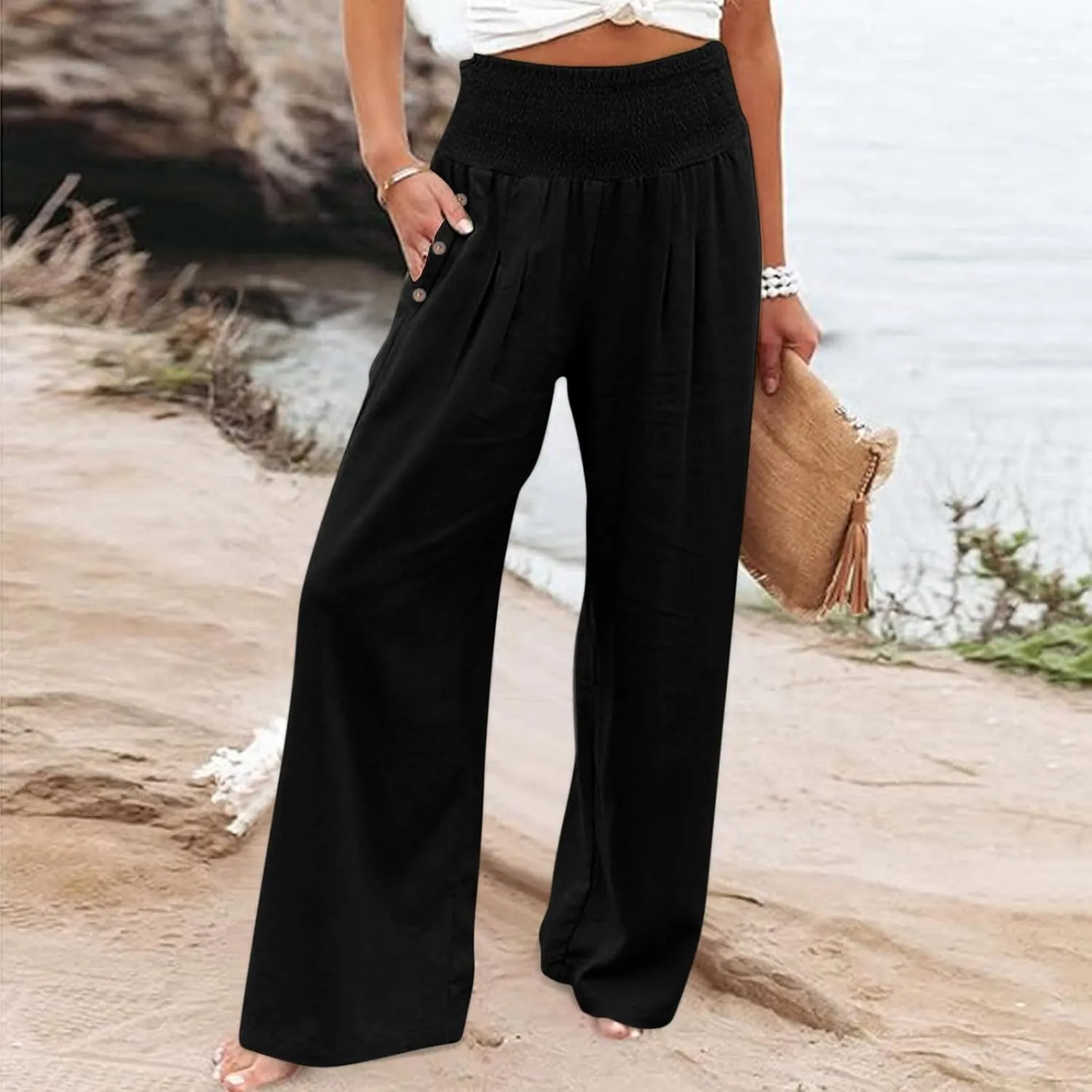 Women Dressy Casual Linen Pants 2025 Elastic Waist Drawstring Pocket Trousers Loose Straight Wide Leg Palazzo Pants