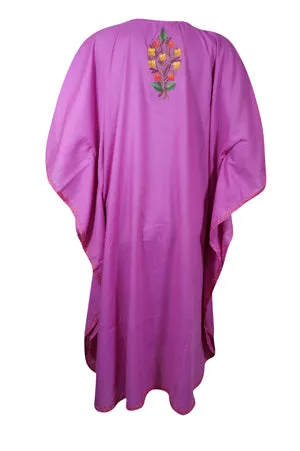 Women Kimono Caftan Dress, Cotton Embroidered Lavender Butterfly Dresses L-2X