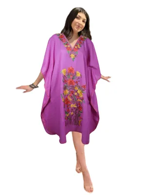 Women Kimono Caftan Dress, Cotton Embroidered Lavender Butterfly Dresses L-2X