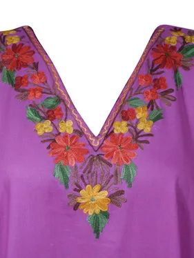Women Kimono Caftan Dress, Cotton Embroidered Lavender Butterfly Dresses L-2X
