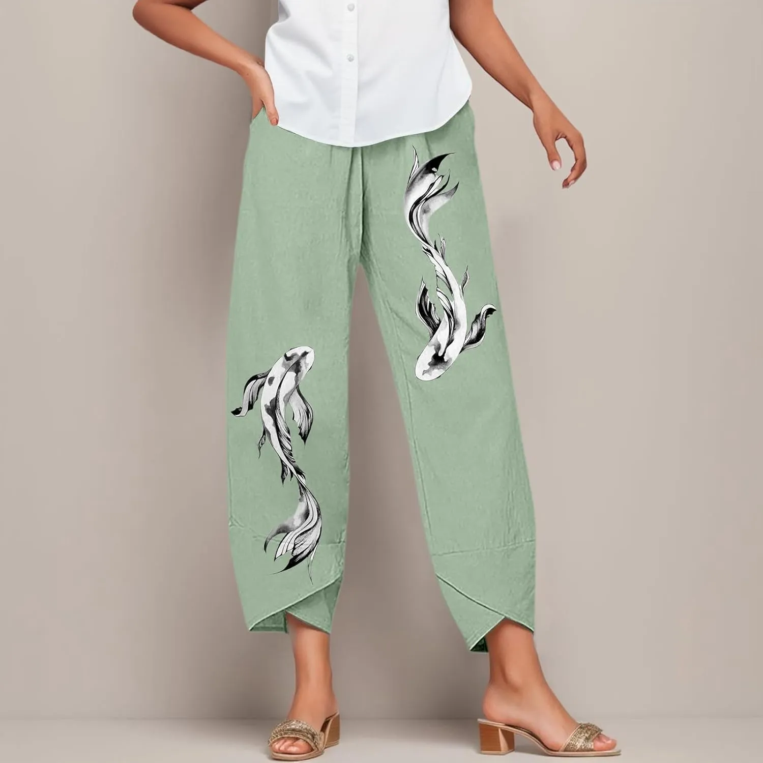 Women Linen Pants Casual Summer Loose Solid Color Boho Plus Size High Waist Linen Pants Work Lounge Trousers with Pockets