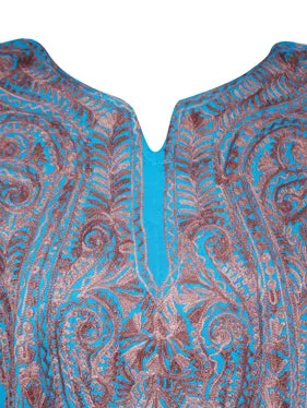 Womens Blue Kaftan Short Dress, Kimono Cotton Embroidered Caftan Dresses L-2X