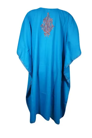 Womens Blue Kaftan Short Dress, Kimono Cotton Embroidered Caftan Dresses L-2X