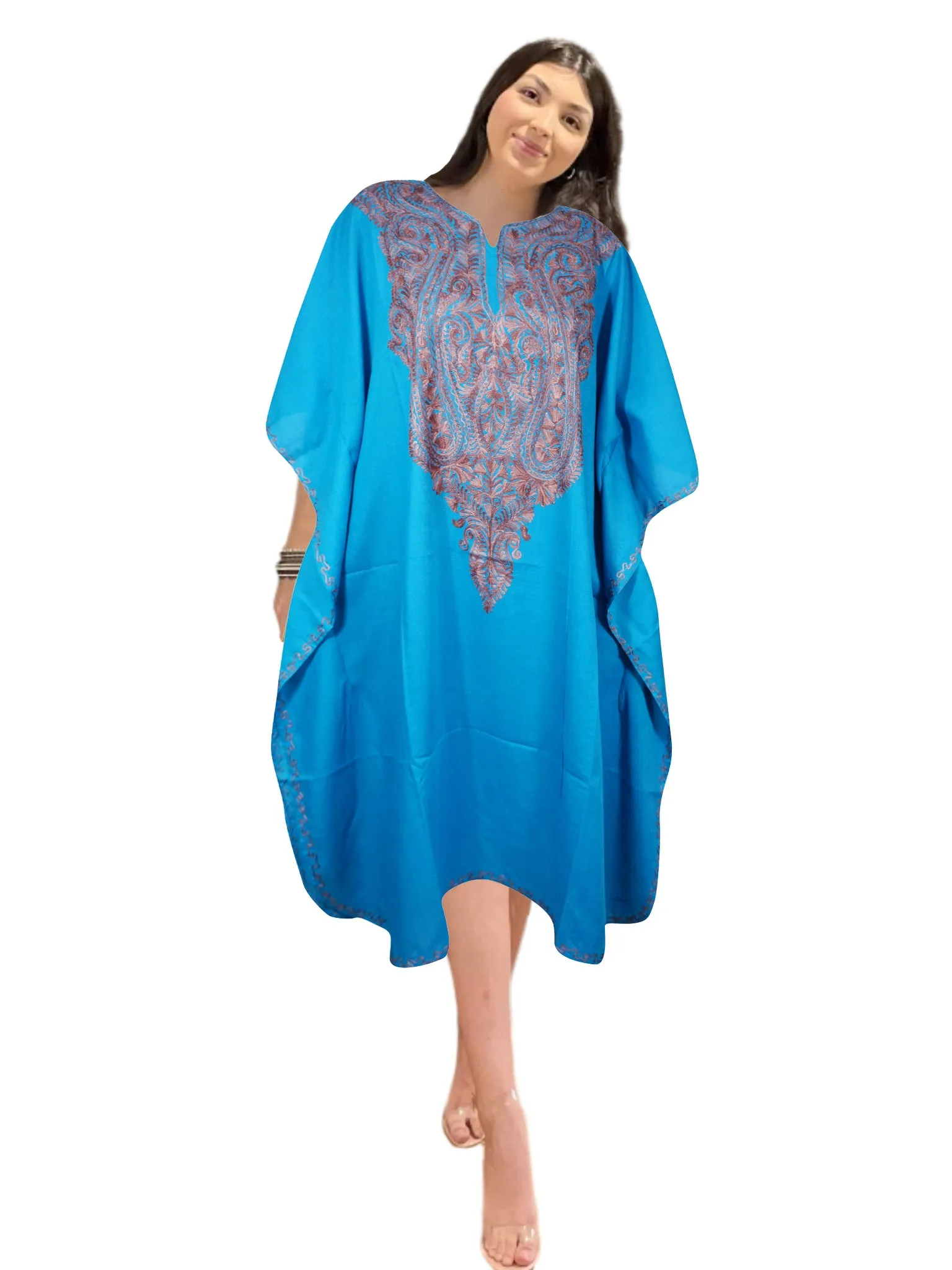 Womens Blue Kaftan Short Dress, Kimono Cotton Embroidered Caftan Dresses L-2X