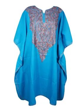 Womens Blue Kaftan Short Dress, Kimono Cotton Embroidered Caftan Dresses L-2X