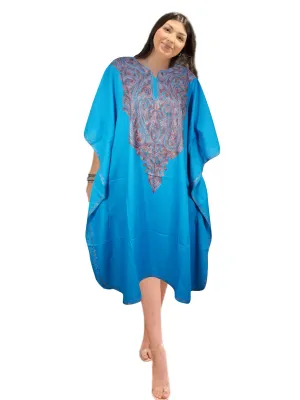 Womens Blue Kaftan Short Dress, Kimono Cotton Embroidered Caftan Dresses L-2X