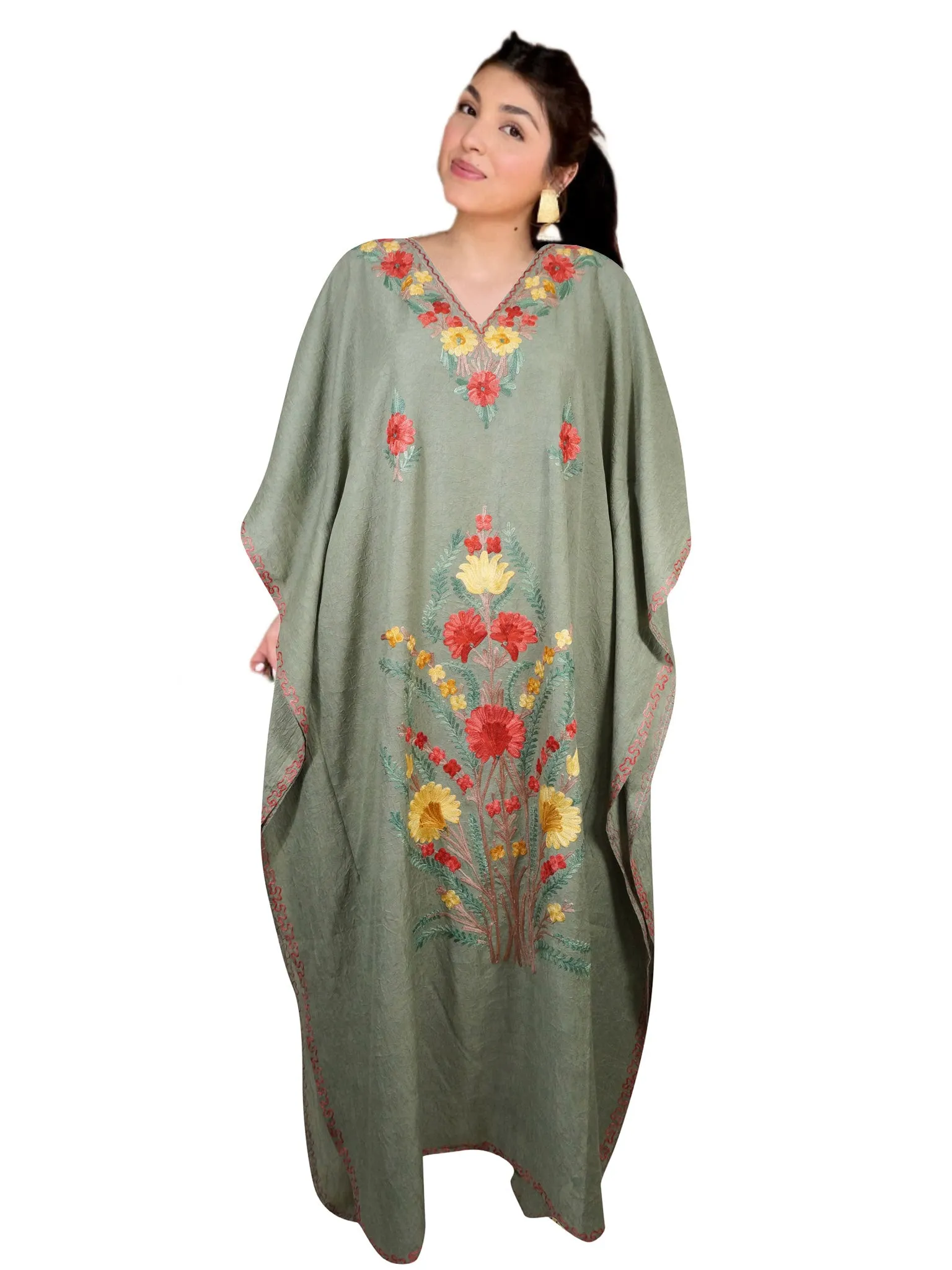Womens Caftan Embroidered Kaftan Flowy Khaki GIFTS L-2XL