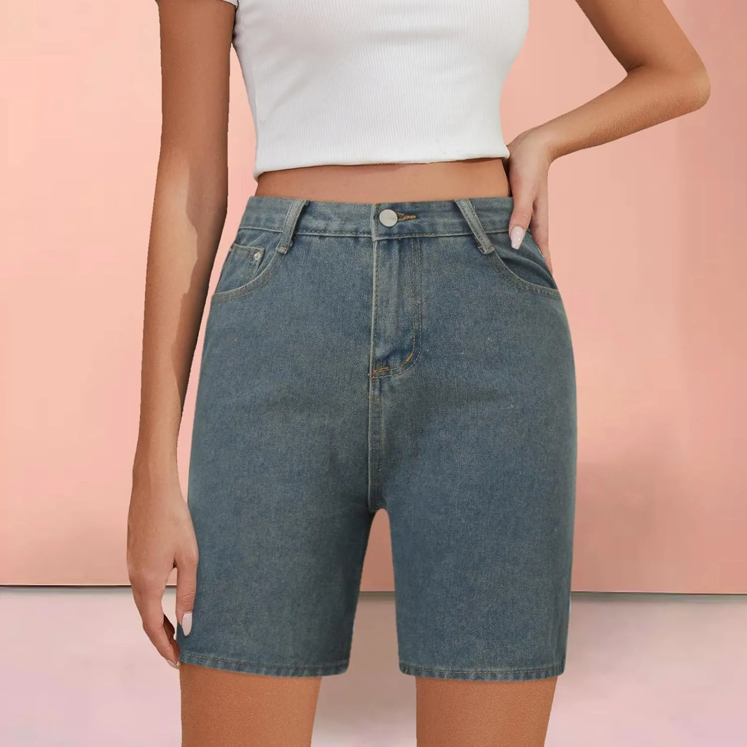 Women's Denim Shorts Trendy High Waisted Casual Summer Cropped Stretchy Bermuda Long Jean Shorts Straight Leg Pants