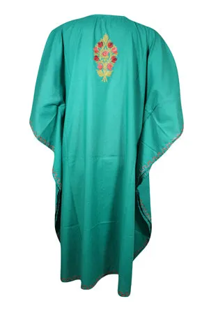 Womens Kaftan Short Dress, Teal blue Embellished Floral Caftan, Travel Dresses, L-2X