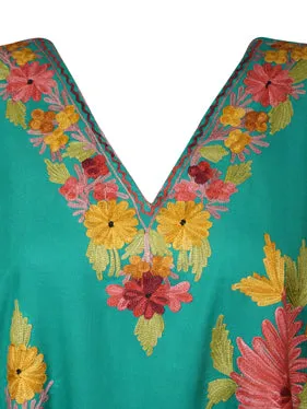 Womens Kaftan Short Dress, Teal blue Embellished Floral Caftan, Travel Dresses, L-2X
