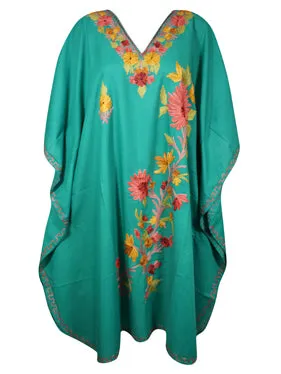 Womens Kaftan Short Dress, Teal blue Embellished Floral Caftan, Travel Dresses, L-2X