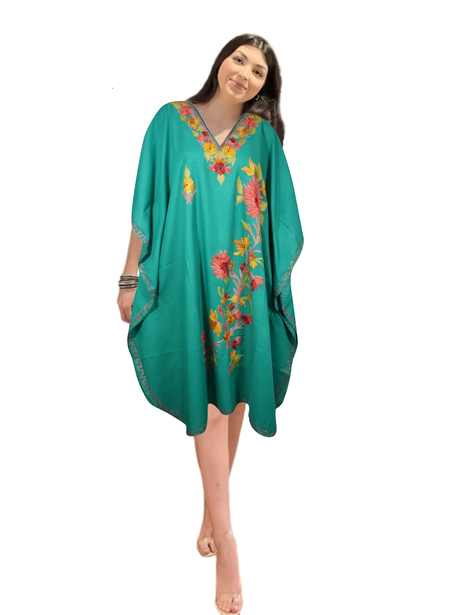 Womens Kaftan Short Dress, Teal blue Embellished Floral Caftan, Travel Dresses, L-2X
