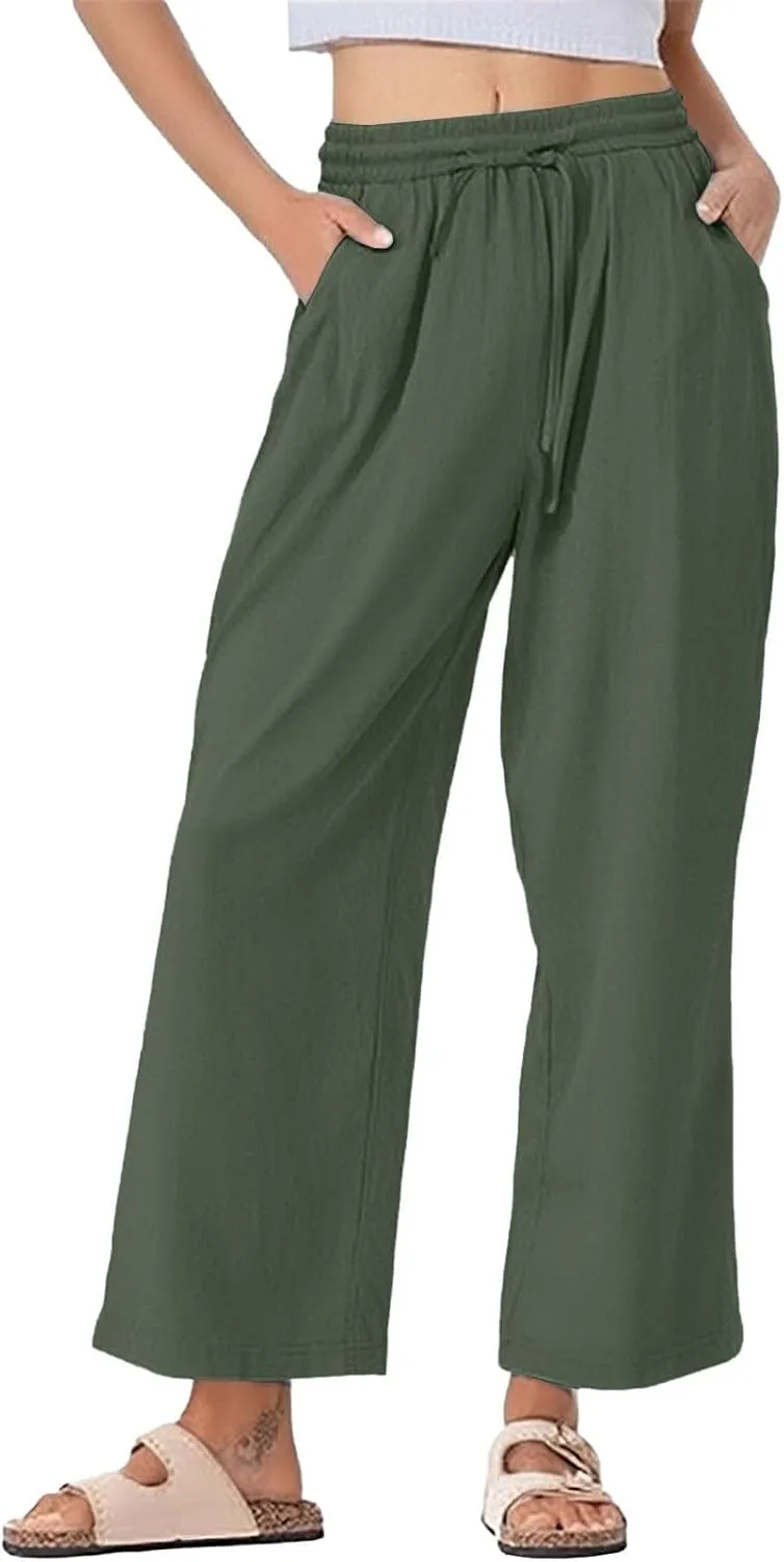 Womens Linen Pants 2025 Summer High Waisted Wide Leg Casual Loose Palazzo Pants Lounge Beach Trousers with Pockets