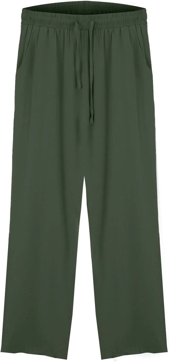 Womens Linen Pants 2025 Summer High Waisted Wide Leg Casual Loose Palazzo Pants Lounge Beach Trousers with Pockets