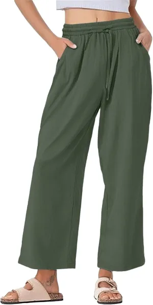 Womens Linen Pants 2025 Summer High Waisted Wide Leg Casual Loose Palazzo Pants Lounge Beach Trousers with Pockets
