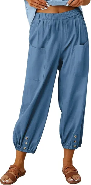 Womens Linen Pants Summer Casual Capri Pants with Pockets Cropped Comfort High Waisted Pockets Trousers Pants