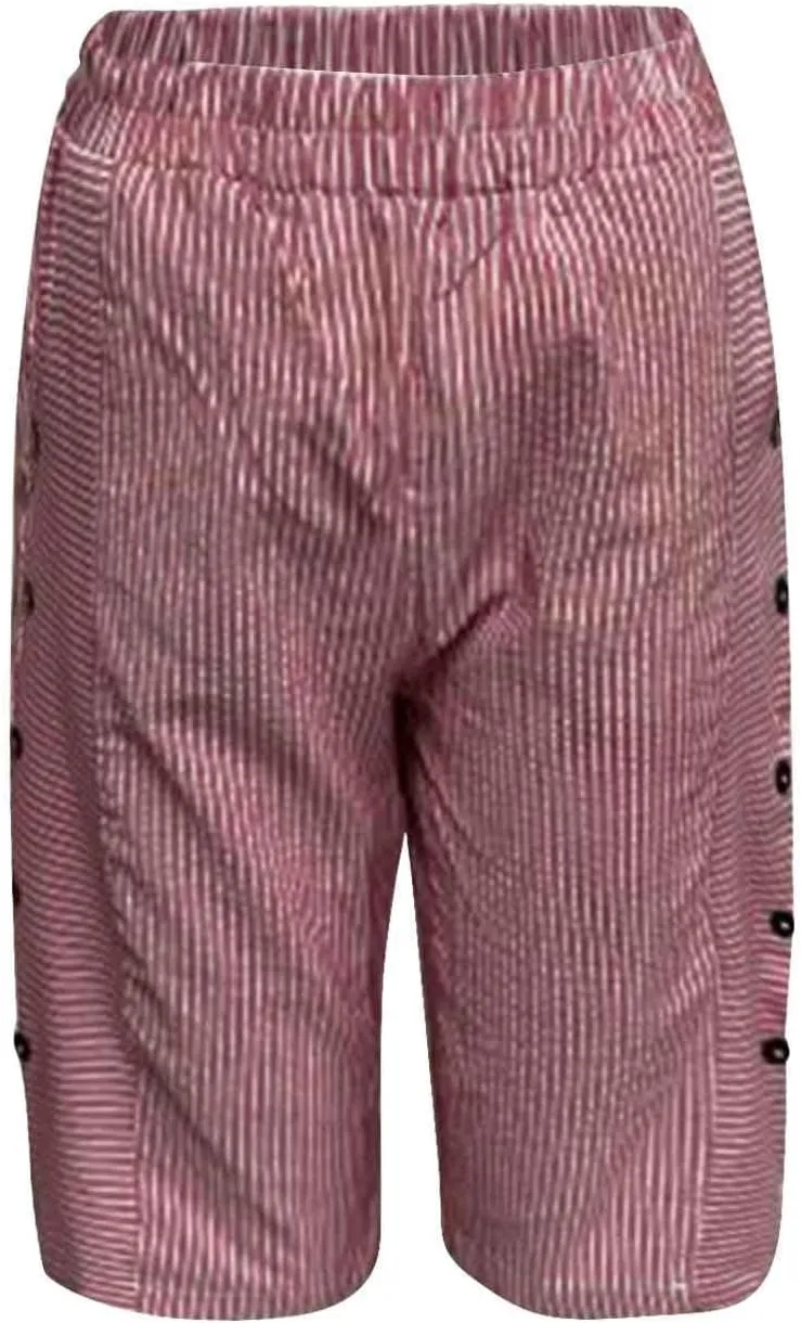 Women's Linen Shorts Trendy Striped Elastic Waist Pants Wide Leg Short Pants Side Button Casual Beach Shorts