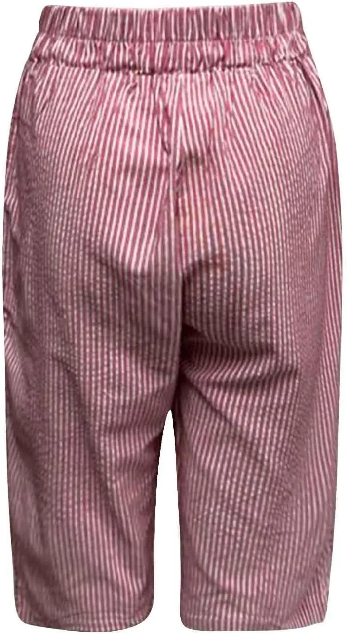 Women's Linen Shorts Trendy Striped Elastic Waist Pants Wide Leg Short Pants Side Button Casual Beach Shorts