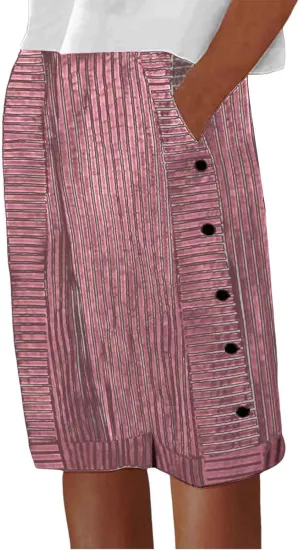 Women's Linen Shorts Trendy Striped Elastic Waist Pants Wide Leg Short Pants Side Button Casual Beach Shorts