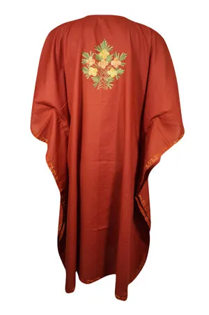Womens Orange Kaftan Short Dress, Kimono Cotton Embroidered Caftan Dresses L-2X