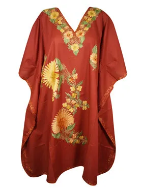 Womens Orange Kaftan Short Dress, Kimono Cotton Embroidered Caftan Dresses L-2X