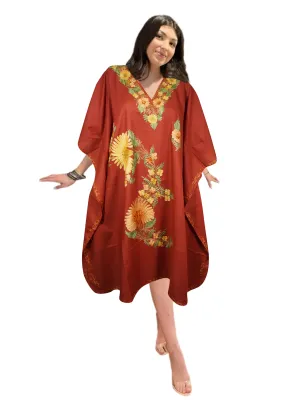 Womens Orange Kaftan Short Dress, Kimono Cotton Embroidered Caftan Dresses L-2X