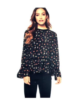 WOMENS SIZE XS / SMALL or TEEN GIRL - DEX, High Neck Ruffled Blouse, Red / White / Black Florals, Boho Style NWT B26