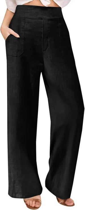 Women's Wide Leg Pants with Pockets Summer High Waisted Loose Linen Pants Plus Size Trendy Flowy Palazzo Trousers