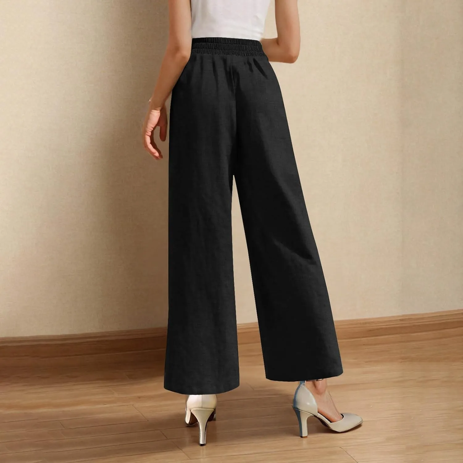Women's Wide Leg Pants with Pockets Summer High Waisted Loose Linen Pants Plus Size Trendy Flowy Palazzo Trousers
