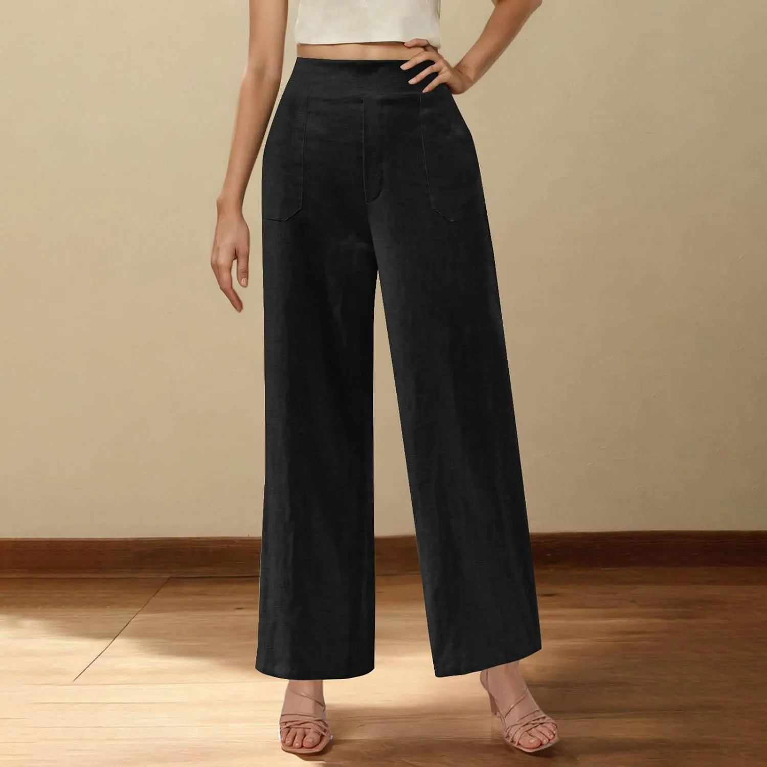 Women's Wide Leg Pants with Pockets Summer High Waisted Loose Linen Pants Plus Size Trendy Flowy Palazzo Trousers
