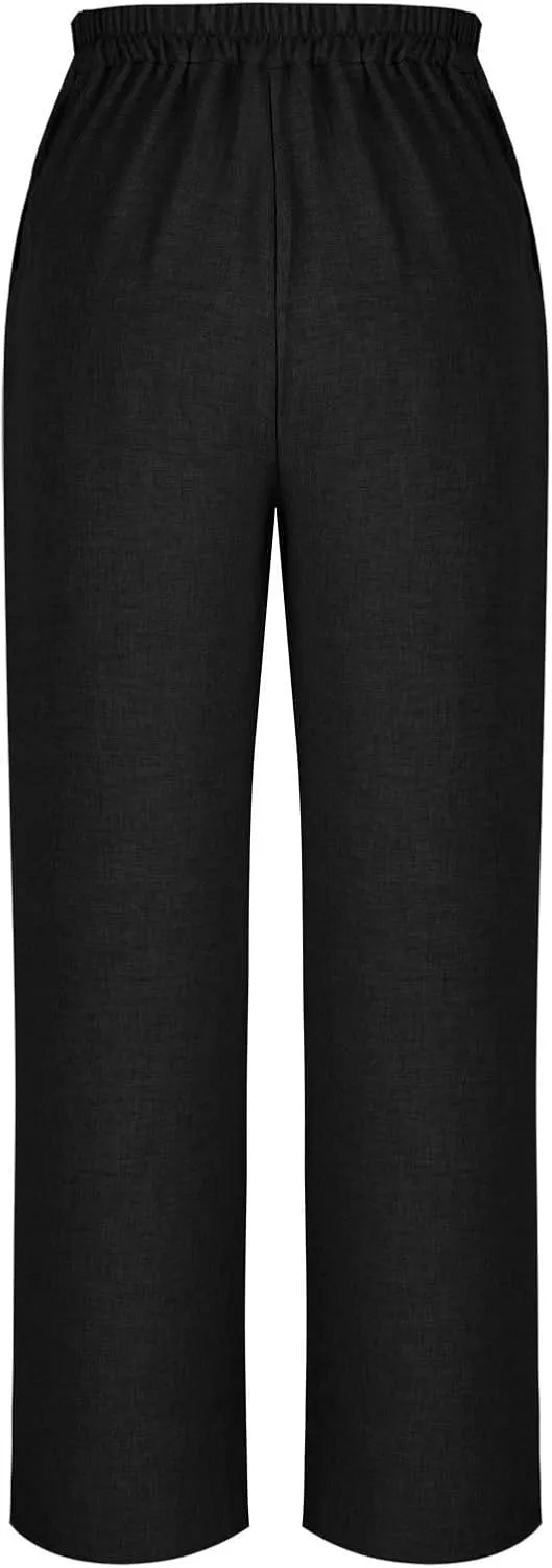 Women's Wide Leg Pants with Pockets Summer High Waisted Loose Linen Pants Plus Size Trendy Flowy Palazzo Trousers