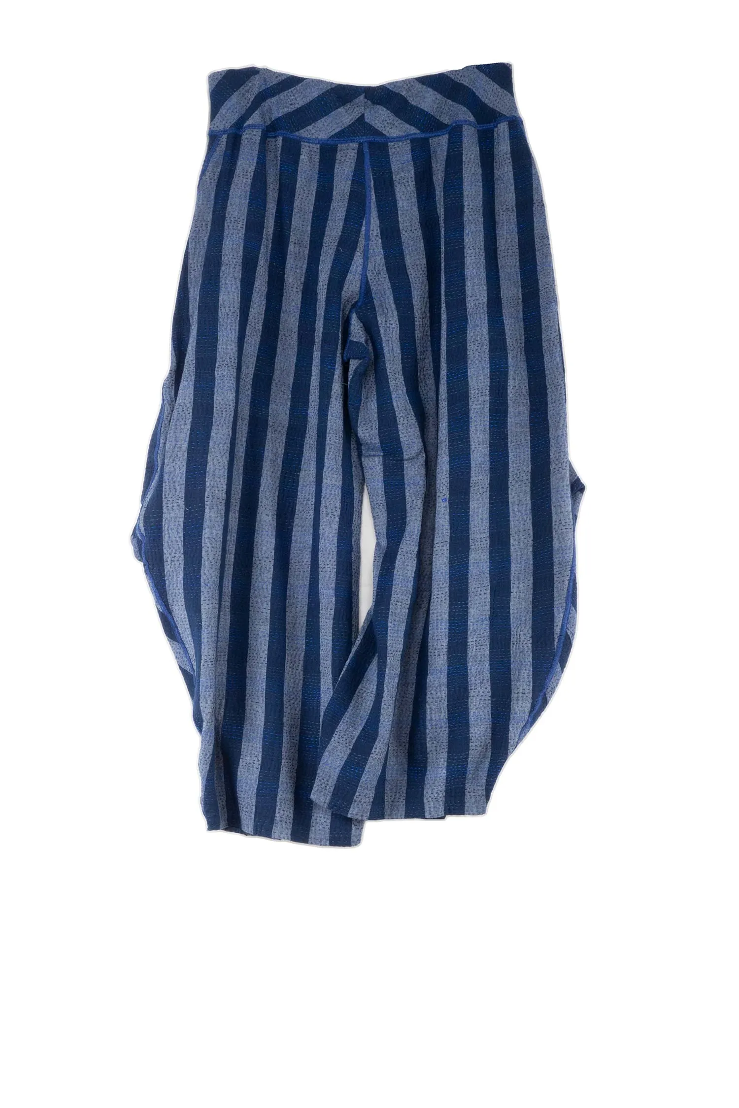 WOVEN STRIPE FRAYED PATCH BACK KANTHA KNEE TUCKED PANTS - wp2625-nvy -