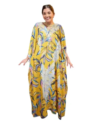 Yellow & White Embroidered Caftan – Light & Breezy Women’s Summer Dress L-4XL