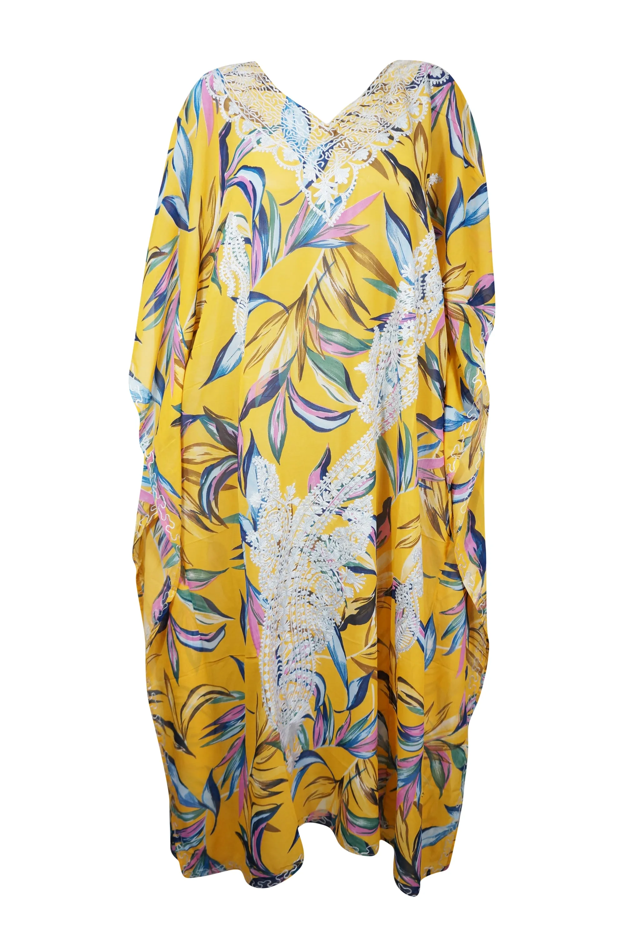 Yellow & White Embroidered Caftan – Light & Breezy Women’s Summer Dress L-4XL