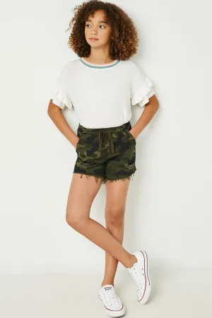 Youth- Distressed Camo Denim Drawstring Shorts