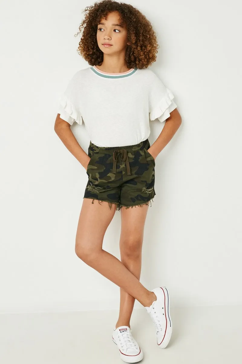 Youth- Distressed Camo Denim Drawstring Shorts