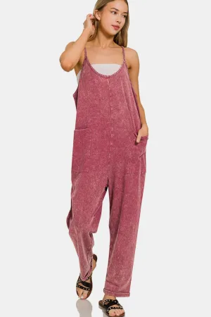 Zenana Burgundy Washed Spaghetti Straps Overalls with Pockets