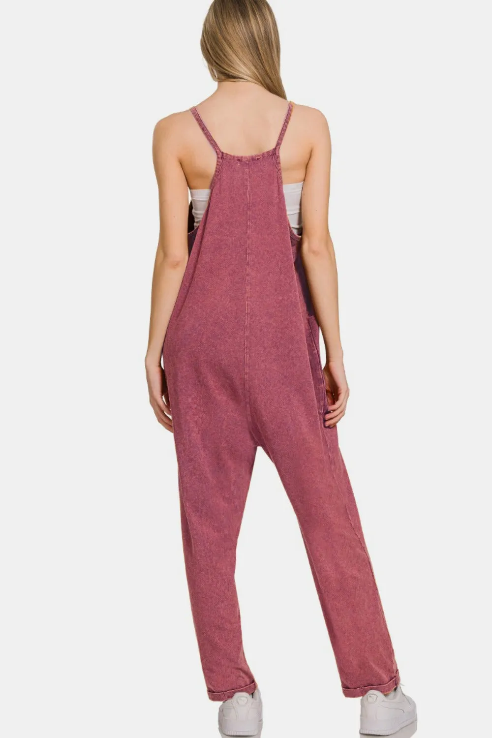 Zenana Burgundy Washed Spaghetti Straps Overalls with Pockets