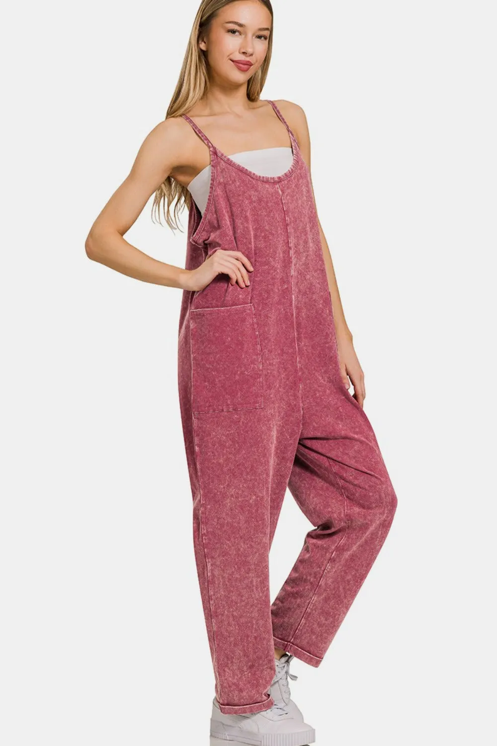 Zenana Burgundy Washed Spaghetti Straps Overalls with Pockets